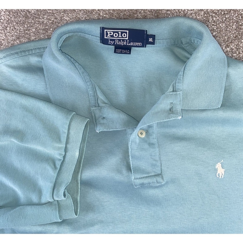 Polo Ralph Lauren Greenish Blue Polo Shirt Made In USA Mens XL White Pony Cotton
